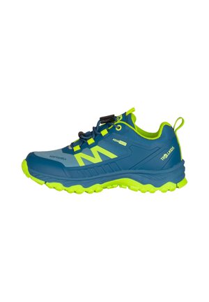 Blue and neon green waterproof children’s trail shoe with softshell upper, rugged sole, and easy pull tab on the heel.