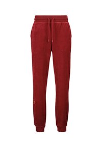 Rote Velours-Sweatpants mit elastischem Bund, Kordelzug, seitlichen Taschen und gerippten Bündchen. Begeistert mit einem kleinen Logosignet am Unterschenkel.