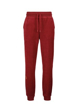 Pantaloni sportivi in velluto rosso con vita elastica, cordino, tasche laterali e polsini a coste. Presentano un piccolo logo sulla parte bassa della gamba.