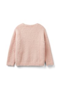 Maglione morbido e leggero di colore rosa pallido con maniche lunghe, colletto rotondo, presentato da dietro su uno sfondo bianco.