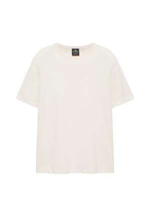 T-shirt crème à manches courtes avec col rond et une étiquette de marque noire à l'intérieur du col, présenté sur un fond blanc.