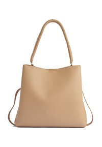 Borsa a tote in pelle beige con una texture liscia e una maniglia superiore intrecciata. Presenta un design semplice e privo di decorazioni, oltre a una tracolla removibile.