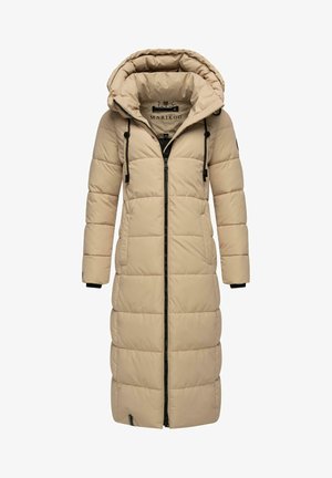Lang beige pufferjakke med hætte, med en frontlynlås, to sidelommer og elastiske manchetter. Tekstureret quilted design.