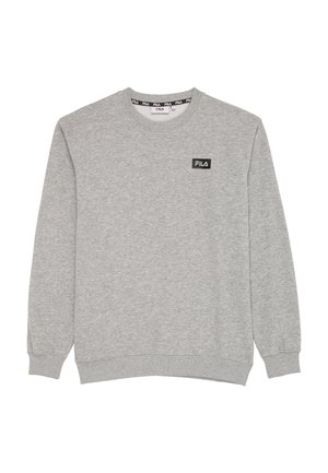 Jasnoszara bluza z okrągłym dekoltem, długimi rękawami, prążkowanymi mankietami i dołem oraz mała czarna prostokątna naszywka z logo Fila na lewej piersi.