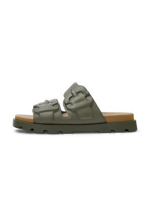 Olive green rubber sandals with two wide straps featuring textured accents, a brown footbed, and a sturdy sole with indentation details.