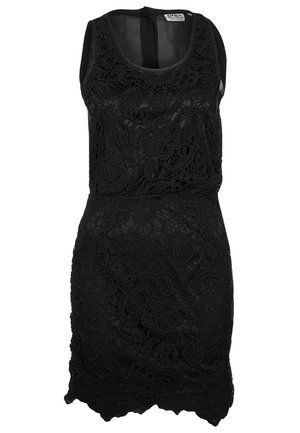 Abito nero senza maniche con dettagli in pizzo intricati, dalla silhouette aderente e orlo scallopato. Chiusura posteriore con apertura a chiave.
