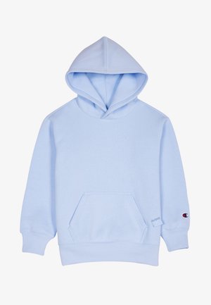 Jasnoniebieska bluza z kapturem, przednią kieszenią kangurką i ściągaczami, z małą naszywką z logo na lewym rękawie.
