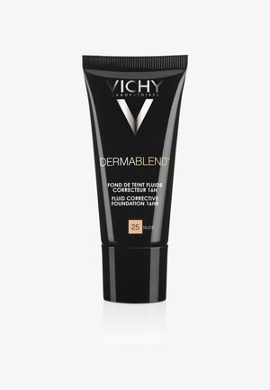 Black tube of Vichy Dermablend fluid foundation, featuring a silver logo, beige accent with shade number 25, matte finish, and squeeze top.