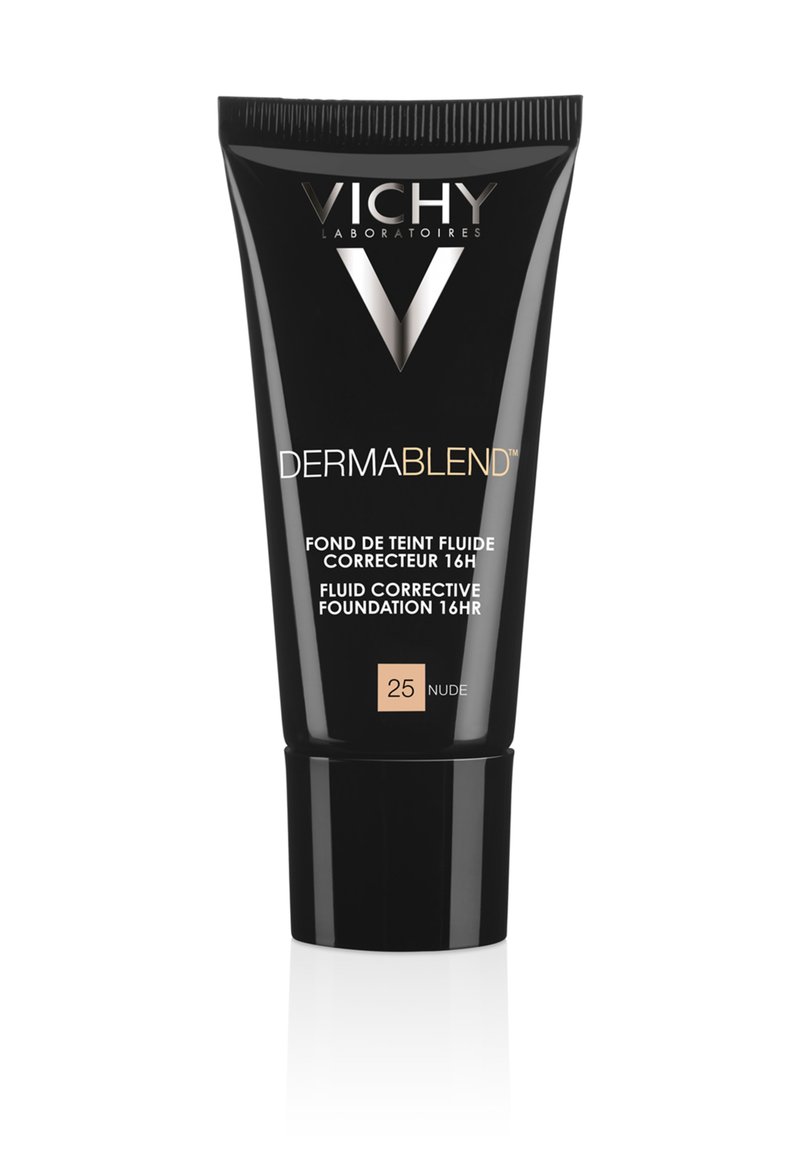 Schwarze Tube von Vichy Dermablend Flüssigfoundation, mit silbernem Logo, beigem Akzent mit Farbnummer 25, matter Oberfläche und auspressbarem Deckel.