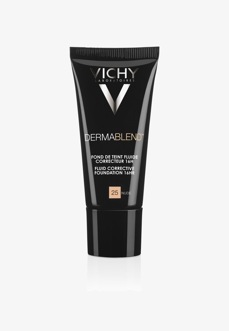 Schwarze Tube von Vichy Dermablend Flüssigfoundation, mit silbernem Logo, beigem Akzent mit Farbnummer 25, matter Oberfläche und auspressbarem Deckel.