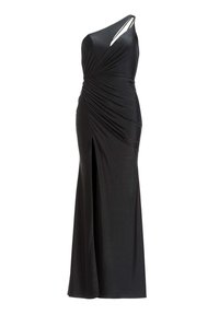 Robe noire à une épaule en tissu lisse et drapé, présentant des fronces, une fente haute au niveau de la cuisse et un détail découpé à l'épaule.