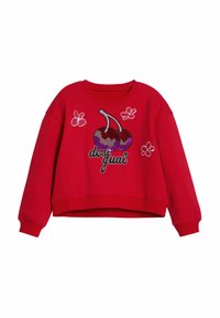 Felpa rossa corta in cotone. Presenta un ricamo di ciliegie in paillettes e fiori, colletto rotondo e polsini a coste.