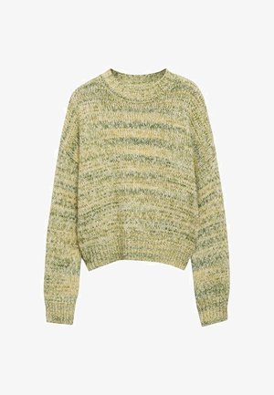 Chunky strikket rundhalstrøje med lange ærmer i et varieret mønster af grøn og beige garn.
