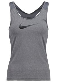Gray athletic tank top with a black Nike logo, featuring a scoop neckline, mesh accents on straps, and a fitted design.