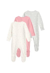 Tre langærmede babybodyer i blødt stof: en hvid med pink blomsterprint, en ensfarvet pink og en lys grå med små hvide blomster.