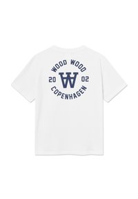 White cotton t-shirt featuring a navy print on the back: "WOOD WOOD," "COPENHAGEN," and "2002," arranged in a circular design.