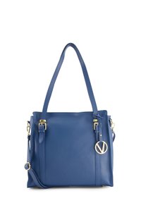 Blauwe leren handtas met een gestructureerde vorm, dubbele handvaten, een verstelbare schouderriem en een goudkleurig cirkelvormig logoaccent. Glad oppervlak.