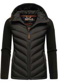 Padded black jacket with a zippered front, fleece sleeves, chevron quilted design, and orange accents on the zipper and inside hood.