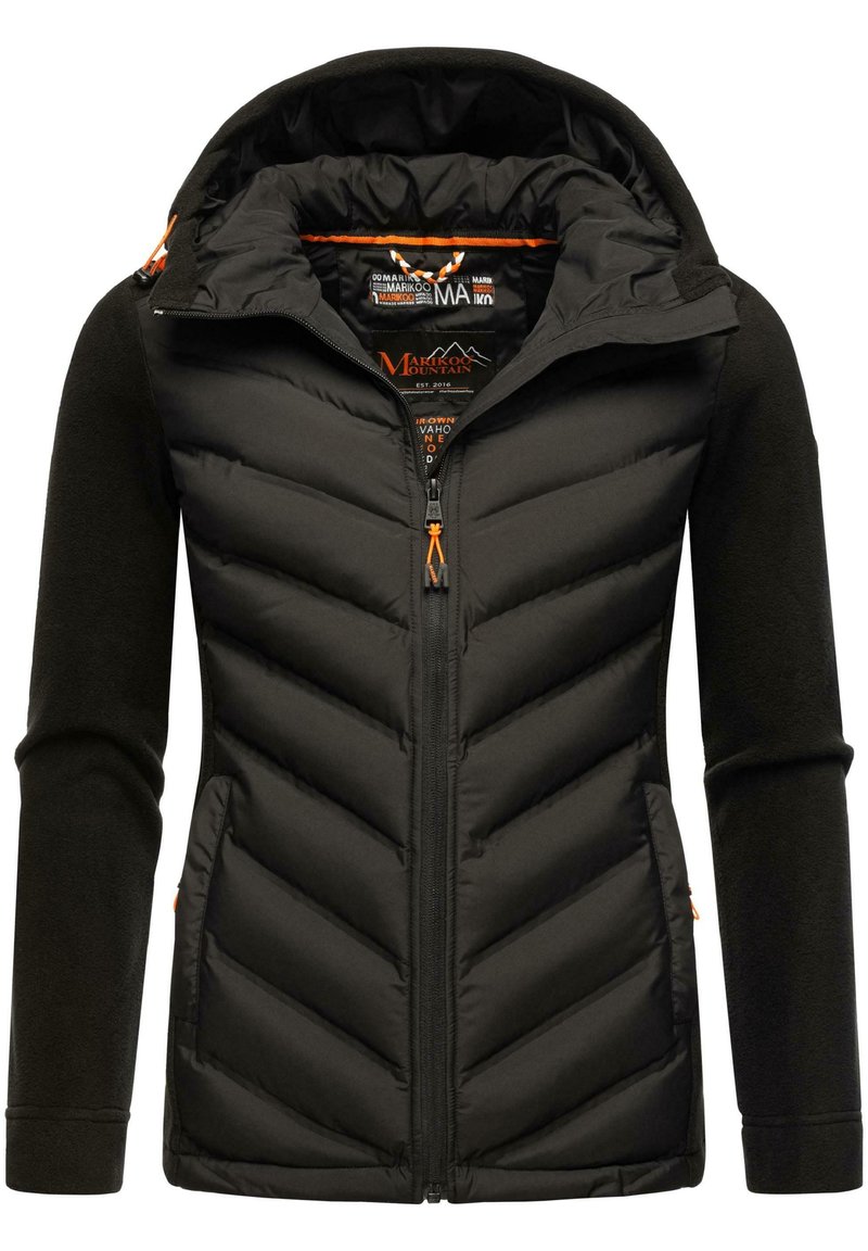 Padded black jacket with a zippered front, fleece sleeves, chevron quilted design, and orange accents on the zipper and inside hood.