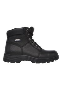 Schwarze Leder-Ankle-Boots mit strukturierter Oberfläche, Schnürdesign, gepolstertem Schaft und robustem Gummisohle. Mit Logo an der Seite.