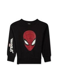 Felpa nera con un grande grafico della maschera di Spider-Man rossa, polsini a costine e testo bianco "Marvel Spider-Man" sulla manica.