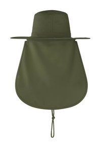 Breitkrempiger Hut in olivgrün mit Nackenklappe. Hergestellt aus einem glatten, wasserabweisenden Material. Verfügt über einen Knoten hinten zur Anpassung.