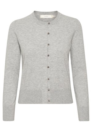 Cardigan gri tricotat cu guler rotund, închidere prin butoni frontali și mâneci lungi. Prezintă o textură netedă și detalii ușor nervurate.