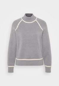 Γκρι πουλόβερ με υψηλό λαιμό, ριγέ υφή και κρεμ λεπτομέρειες κατά μήκος του γιακά και του τελειώματος. Διαθέτει σχεδίαση μανικιού ράγκλαν.