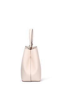 Strakke, gestructureerde handtas gemaakt van zacht, lichtroze leer met een taps toelopende vorm, voorzien van een enkele, slanke handgreep en een minimalistisch ontwerp.