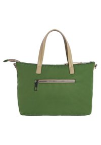 Bolsa de tote de nailon verde con asas sintéticas de color marrón claro, con un bolsillo frontal con cremallera y textura suave. Color sólido, sin patrones.