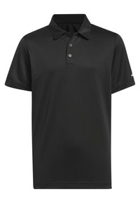 Schwarzes Polohemd aus glattem Stoff, mit einem Drei-Knopf-Verschluss, kurzen Ärmeln und einem weichen Kragen. Keine sichtbaren Logos oder Muster.