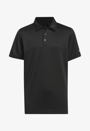 Zwarte polo shirt gemaakt van een gladde stof, met een drieknoopsluiting, korte mouwen en een zachte kraag. Geen logos of patronen zichtbaar.