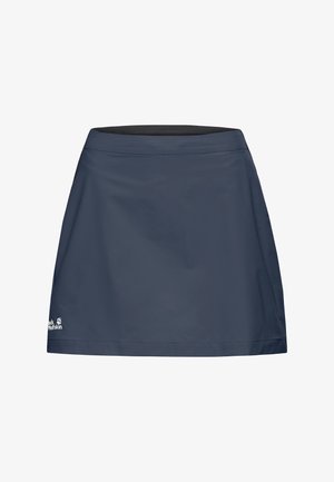 Marineblauwe buitensportrok met elastische tailleband en klein wit merklogo aan de linkeronderzijde.