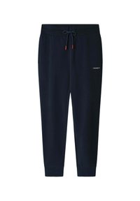 Marineblaue Sweatpants mit elastischem Bund und Kordelzug, ausgestattet mit Seitentaschen und einem kleinen "Hackett"-Logo am Oberschenkel. Weiche Stofftextur.