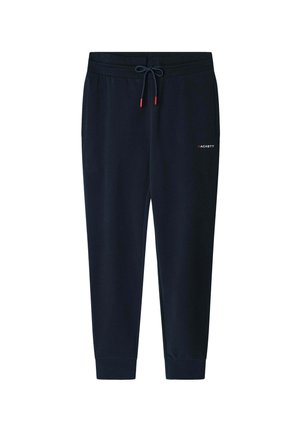 Pantaloni della tuta blu navy con vita elasticizzata e cordino, dotati di tasche laterali e un piccolo logo "Hackett" sulla coscia. Tessuto morbido.