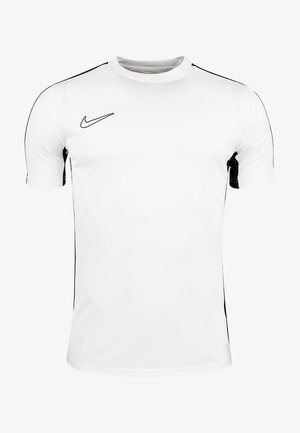 T-shirt de sport blanc en tissu léger, avec des accents noirs et le logo Nike sur la poitrine. Manches courtes et col rond.