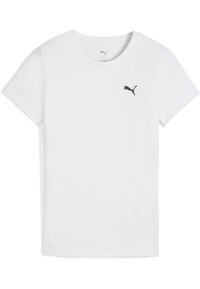 Witte katoenen T-shirt met een ronde hals, voorzien van een klein zwart Puma-logo op de linkerkant van de borst. Korte mouwen en een klassieke pasvorm.