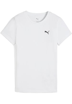 Witte katoenen T-shirt met een ronde hals, voorzien van een klein zwart Puma-logo op de linkerkant van de borst. Korte mouwen en een klassieke pasvorm.