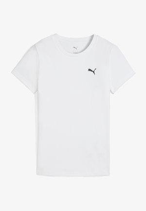 Fehér pamut póló kerek nyakkivágással, a bal mellen egy kis fekete Puma logóval. Rövid ujjú és klasszikus fazonú.