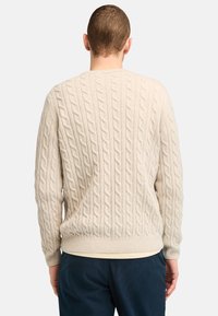 Beige Kabelstrickpullover mit Rundhalsausschnitt, strukturiertem Muster, gerippten Bündchen und Saum, über dunklen Hosen getragen. Klassische Passform und weiches Material.