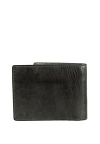 Portefeuille en cuir noir avec une surface texturée, design plié en deux et coins arrondis. Présente des coutures visibles et des accents minimalistes.