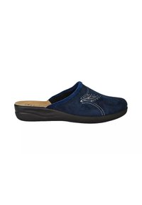 Scarpa slip-on in suede blu navy con cuciture decorative, soletta imbottita e suola in gomma nera. Design a profilo basso con punta arrotondata.
