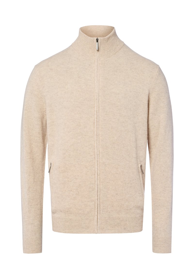 Beige ritsvest met hoge kraag, gemaakt van zachte, gestructureerde stof. Voorzien van zijzakken en geribde manchetten en zoom.