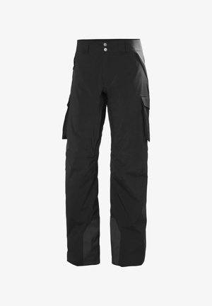 Pantalones cargo negros hechos de tela resistente al agua, con dos bolsillos laterales, dos bolsillos cargo y un diseño de pierna recta.