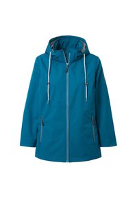 Veste imperméable teal avec une capuche, deux poches latérales zippées, des cordons de serrage réglables et un doublure intérieure contrastante. Texture douce et lisse.