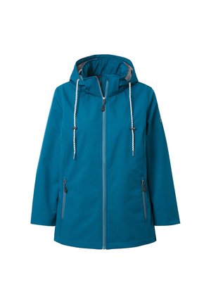 Teal sateen take jacketi, kus on kapuuts, kaks külgset lukuga taskut, reguleeritavad tõmblukud ja kontrastne sisemine vooder. Pehme, sile tekstuur.