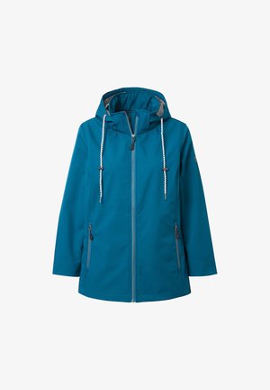 Teal vandtæt jakke med hætte, to sidelommer med lynlås, justerbare snore og kontrastfyldning. Blød, glat tekstur.