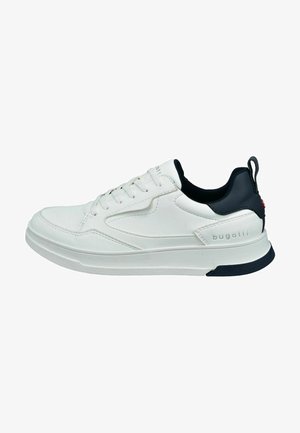White sneaker with a smooth leather upper, navy heel accent, and white sole. Features lace-up design and brand logo on the side.