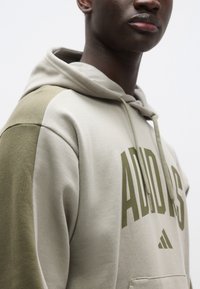 Φούτερ με κουκούλα σε μπεζ και ελιά πράσινο. Διαθέτει μεγάλο λογότυπο "ADIDAS" σε σκούρο πράσινο, με υφασμάτινη υφή και μπλοκ χρωμάτων σε αντίθεση.