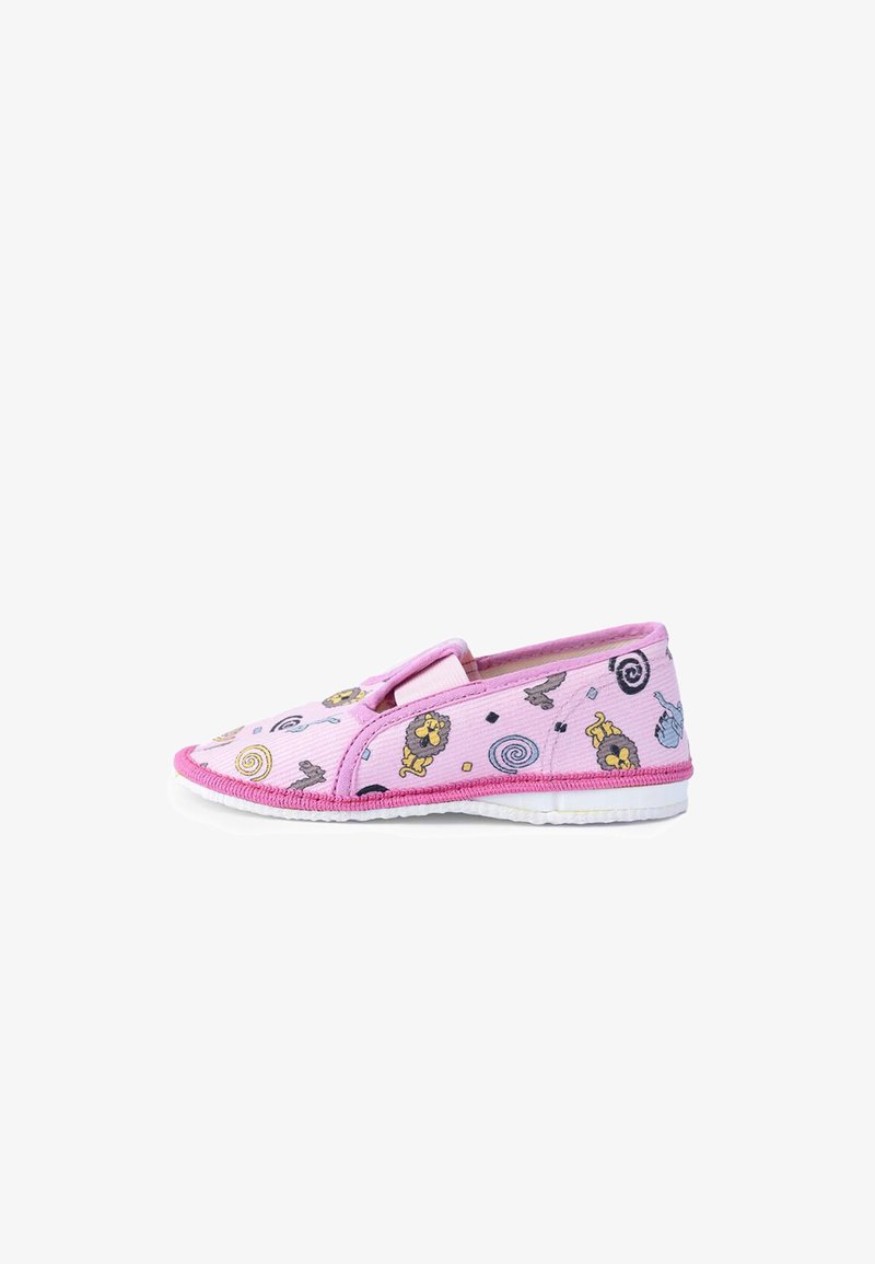 Roza tekstilna copata z ježkom, ki vsebuje barvite živalske in vrtinčne vzorce, teksturirano zgornji del in belo gumijasto podplat.